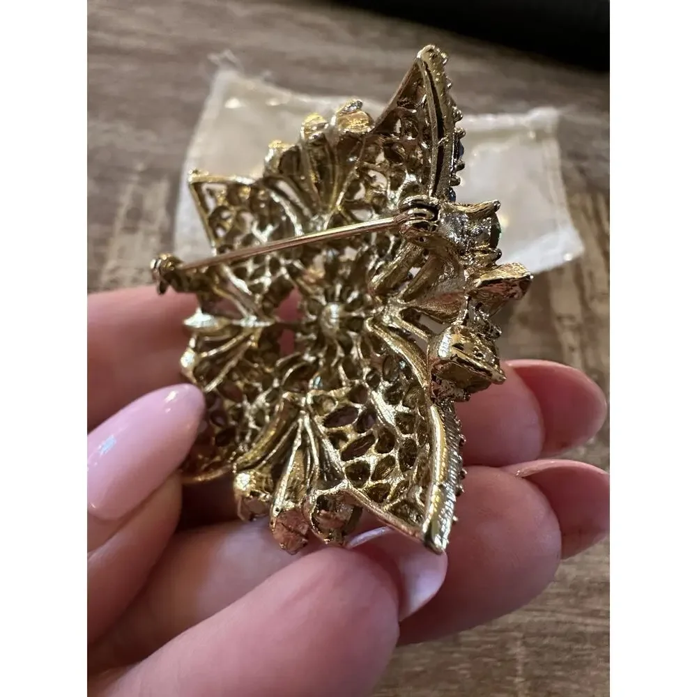 Vintage Gorgeous Large Green Blue Gold Brooch Pin